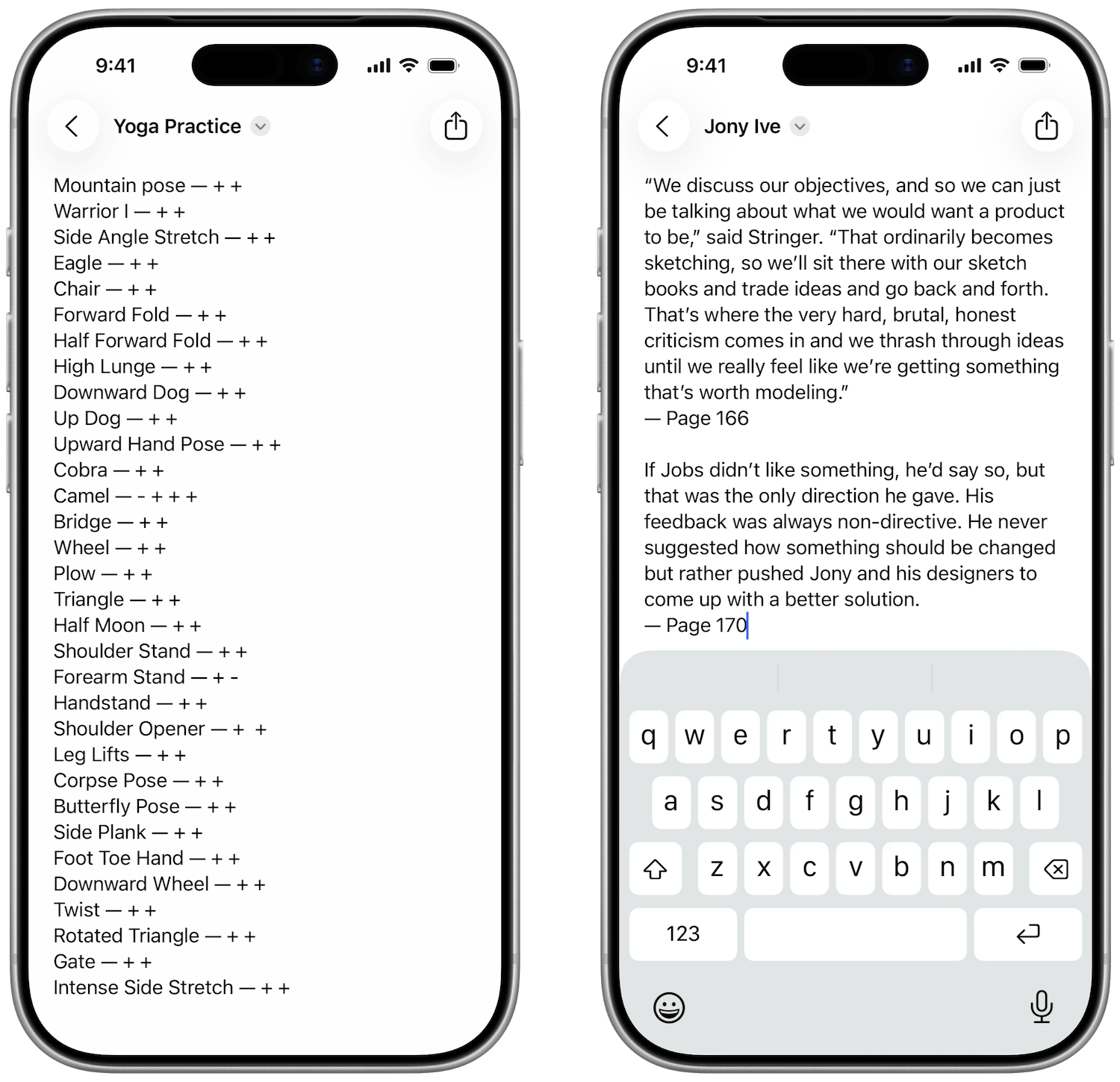 Two iPhones displaying EasyEditText app editing different text files